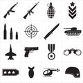 Weapons and military icon set. Sub machine guns, pistol and bullets black icons isolated on white background. Symbolics and badge